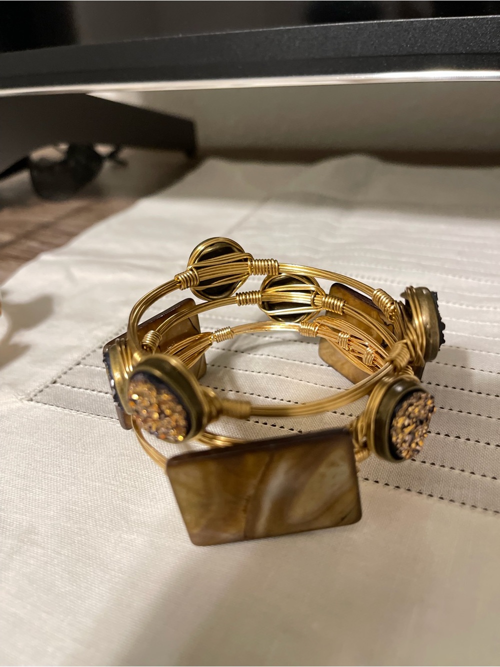 Gold-Tone Brown Stone Multi-Row Bangle Bracelet